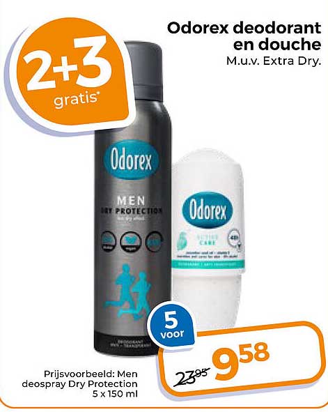 Odorex deodorant en douche M.u.v. Extra Dry. 2+3 gratis
