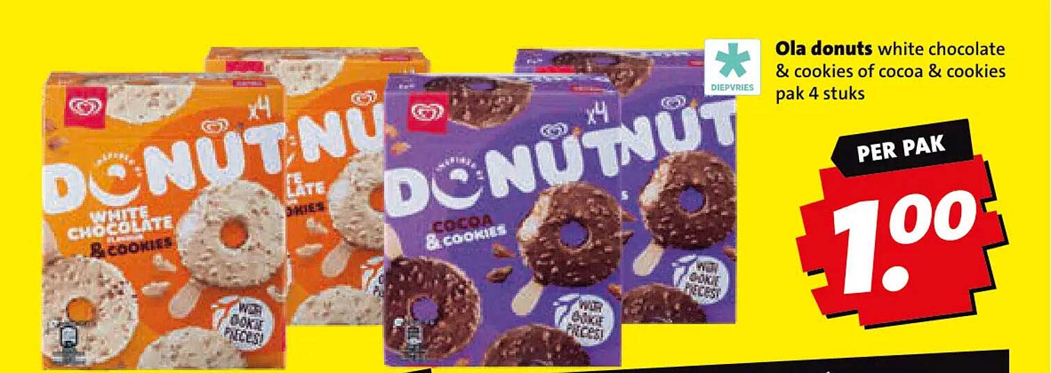 Ola donuts white chocolate & cookies of cocoa & cookies pak 4 stuks