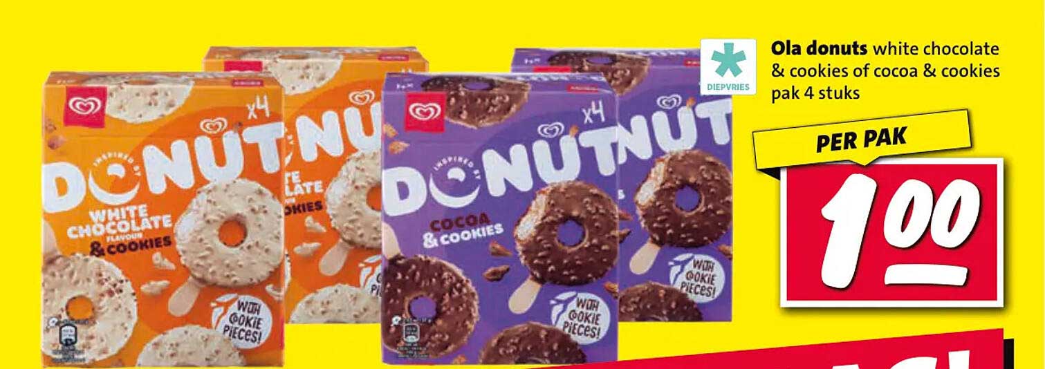 Ola donuts white chocolate & cookies of cocoa & cookies pak 4 stuks