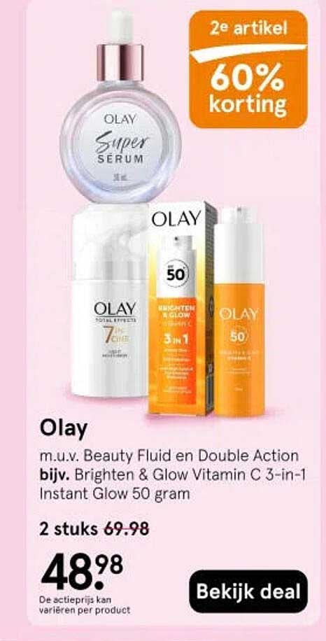 Olay m.u.v. Beauty Fluid en Double Action bijv. Brighten & Glow Vitamin C 3-in-1 Instant Glow 50 gram 2e artikel 60% korting