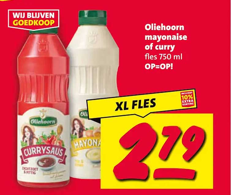 Oliehoorn mayonaise of curry fles 750 ml OP=OP! XL FLES inclusief 10% extra korting