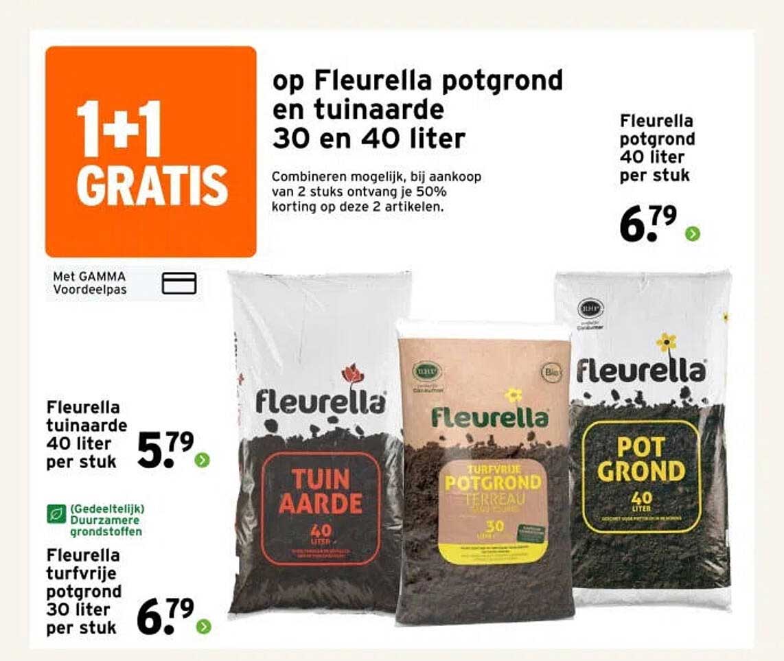op Fleurella potgrond en tuinaarde 30 en 40 liter 1+1 gratis