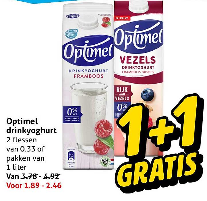 Optimel drinkyoghurt 2 flessen van 0.33 of pakken van 1 liter 1+1 gratis