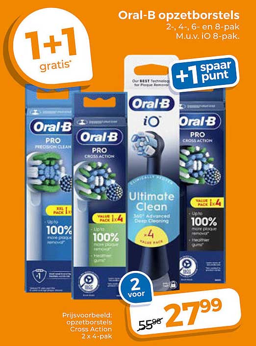 Oral-B opzetborstels 2e, 4-, 6- en 8-pak, M.u.v. iO 8-pak. 1+1 gratis