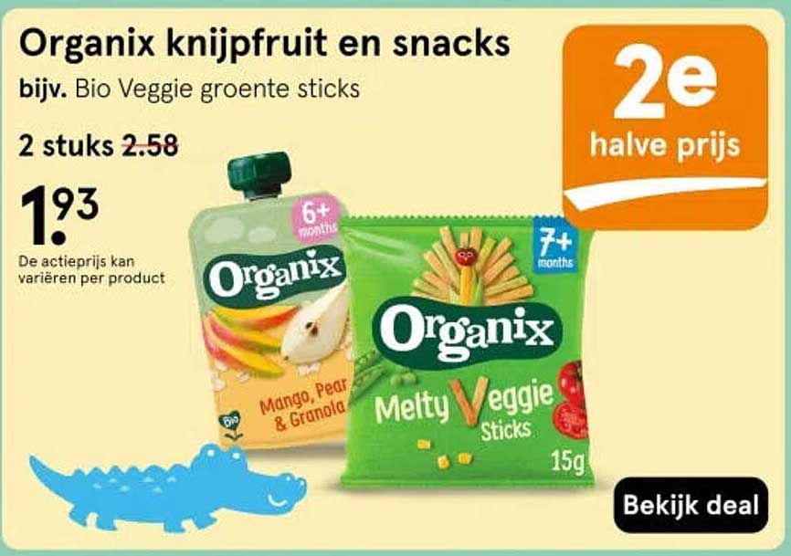 Organix knijfruit en snacks 2e halve prijs