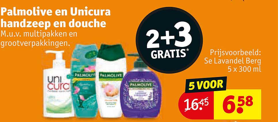 Palmolive en Unicura handzeep en douche m.u.v. multipakken en grootverpakkingen. 2+3 GRATIS*