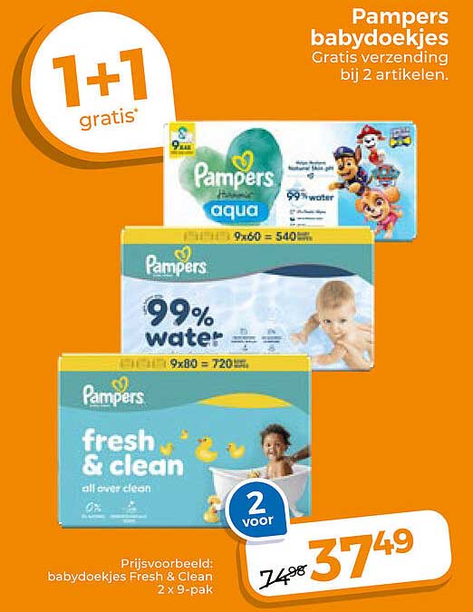 Pampers babydoekjes Gratis verzending bij 2 artikelen. 1+1 gratis
