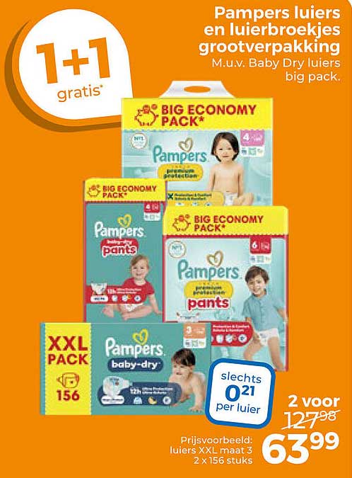 Pampers luiers en luierbroekjes grootverpakking 1+1 gratis