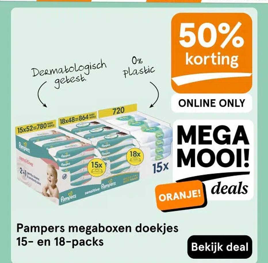 Pampers megaboxen doekjes 15- en 18-packs 50% korting ONLINE ONLY