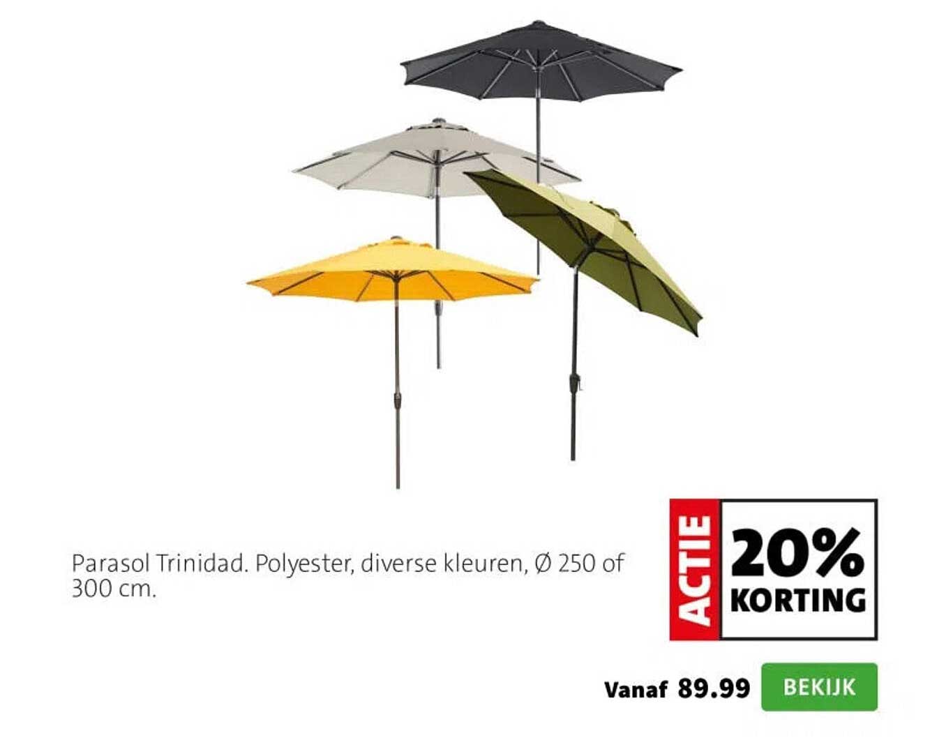 Parasol Trinidad. Polyester, diverse kleuren, Ø 250 of 300 cm. 20% KORTING
