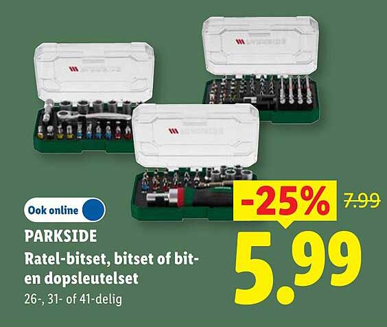 PARKSIDE Ratel-bitset, bitset of bit- en dopsleutelset 26-, 31- of 41-delig -25%