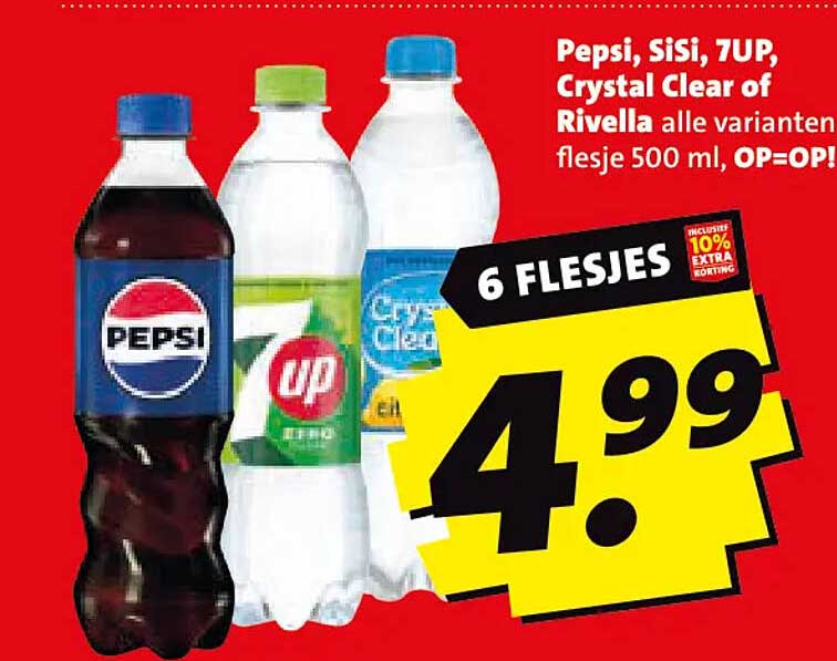 Pepsi, SiSi, 7UP, Crystal Clear of Rivella alle varianten flesje 500 ml, OP=OP! 6 flesjes