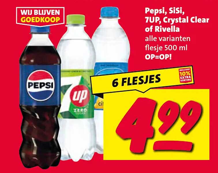 Pepsi, SiSi, 7UP, Crystal Clear of Rivella alle varianten flesje 500 ml OP=OP! 6 flesjes