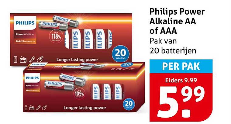 Philips Power Alkaline AA of AAA Pak van 20 batterijen