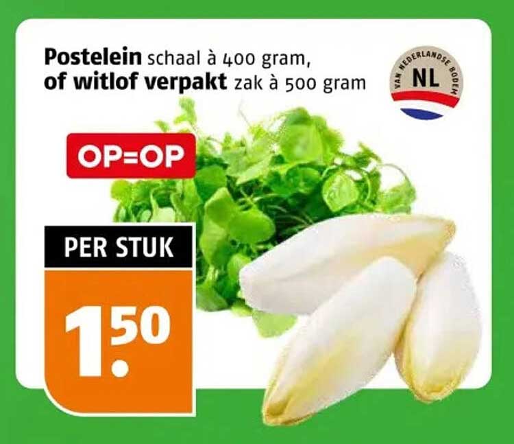 Postelein schaal à 400 gram, of witlof verpakt zak à 500 gram OP=OP