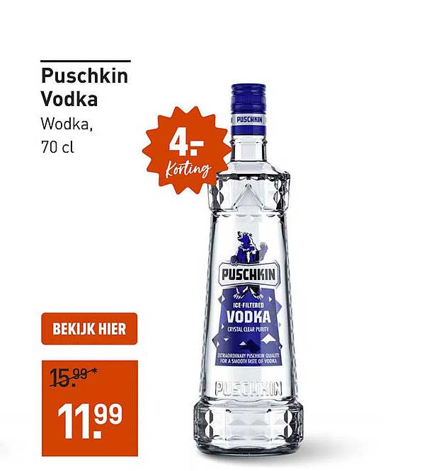 Puschkin Vodka, Wodka, 70 cl 4,- Korting