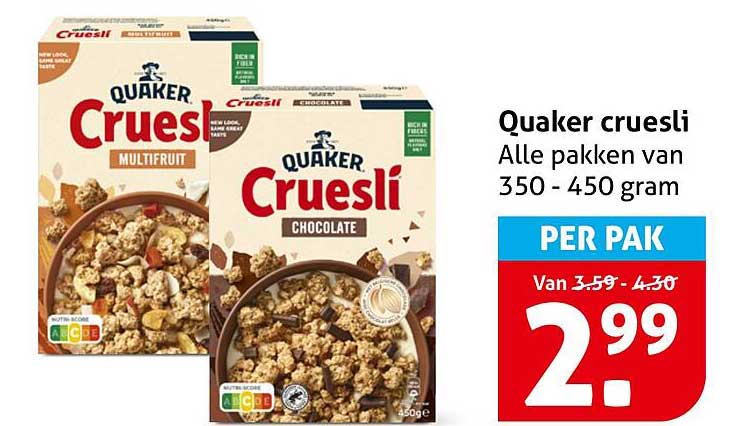 Quaker cruesli Alle pakken van 350 - 450 gram PER PAK