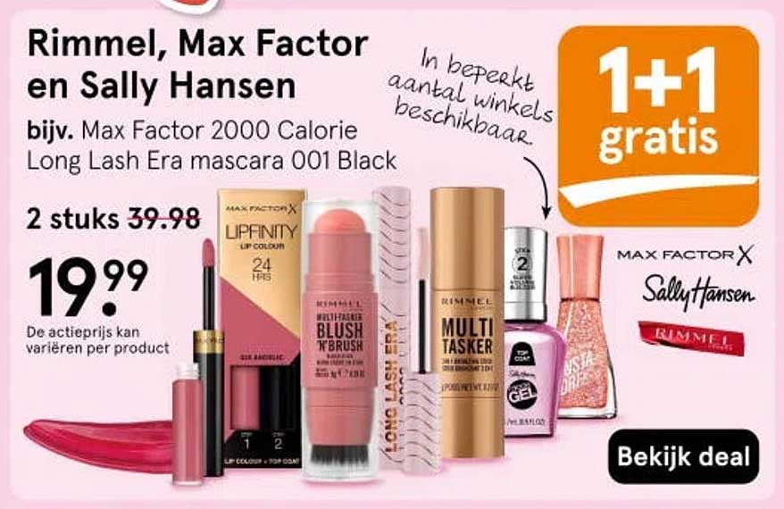 Rimmel, Max Factor en Sally Hansen bijv. Max Factor 2000 Calorie Long Lash Era mascara 001 Black 1+1 gratis