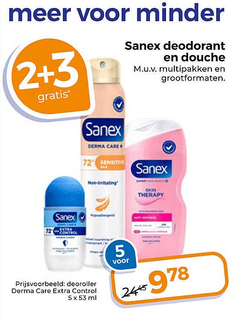 Sanex deodorant en douche M.u.v. multipakken en grootformaten. 2+3 gratis