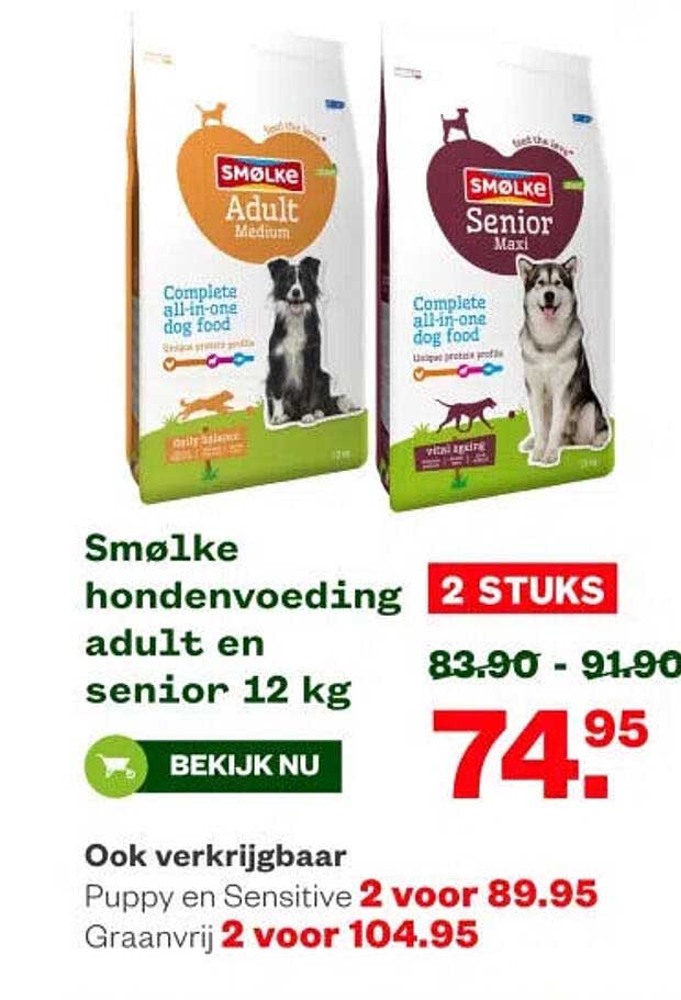 Smøke hondenvoeding adult en senior 12 kg 2 STUKS