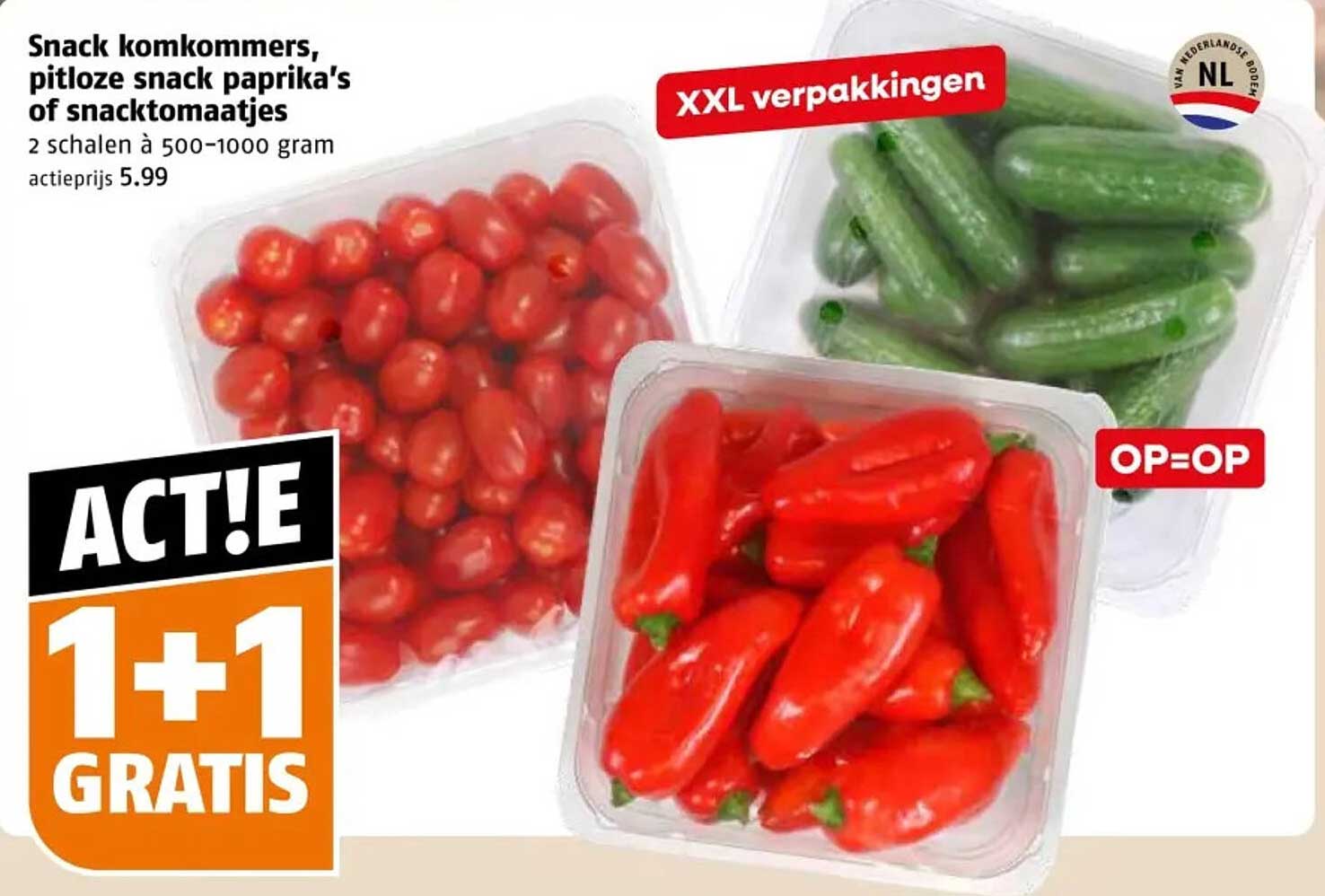 Snack komkommers, pitloze snack paprika's of snacktomaatjes 1+1 gratis
