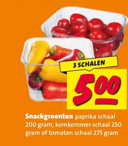 Snackgroenten paprika schaal 200 gram, komkommer schaal 250 gram of tomaten schaal 275 gram 3 SCHALEN 500