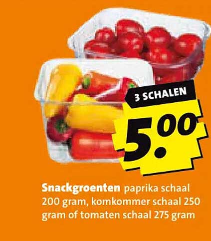 Snackgroenten paprika schaal 200 gram, komkommer schaal 250 gram of tomaten schaal 275 gram 3 schalen