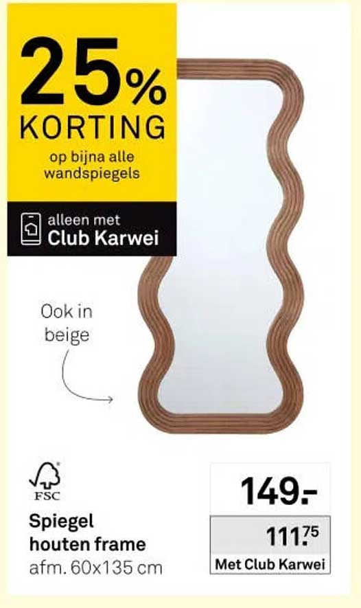 Spiegel houten frame afm. 60x135 cm 25% KORTING