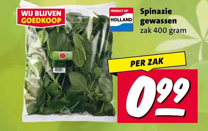 Spinazie gewassen zak 400 gram PER ZAK