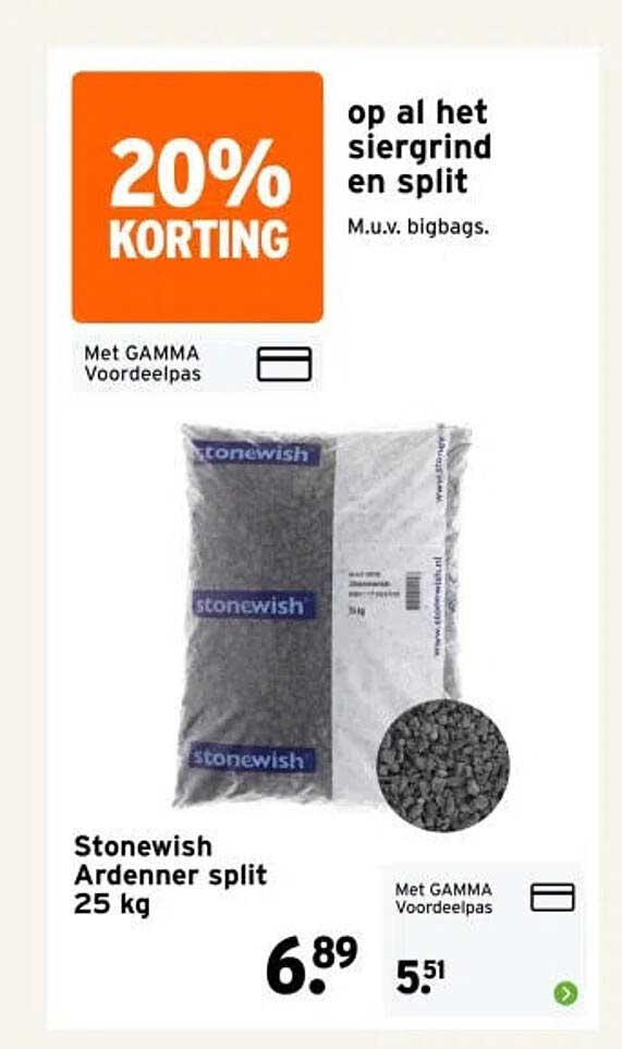 Stonewish Ardonner split 25 kg 20% KORTING op al het siergrind en split M.u.v. bigbags. Met GAMMA Voordeelpas