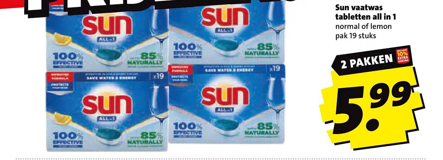 Sun vaatwas tabletten all in 1 normal of lemon pak 19 stuks 2 pakken