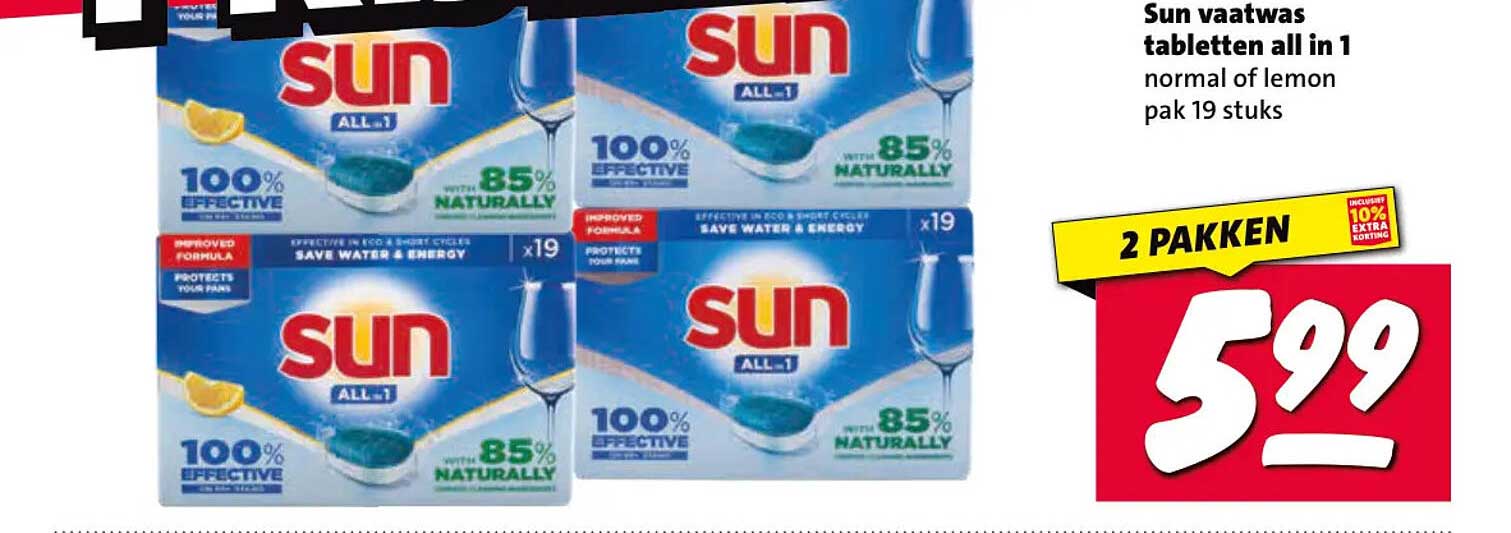 Sun vaatwas tabletten all in 1 normal of lemon pak 19 stuks 2 PAKKEN
