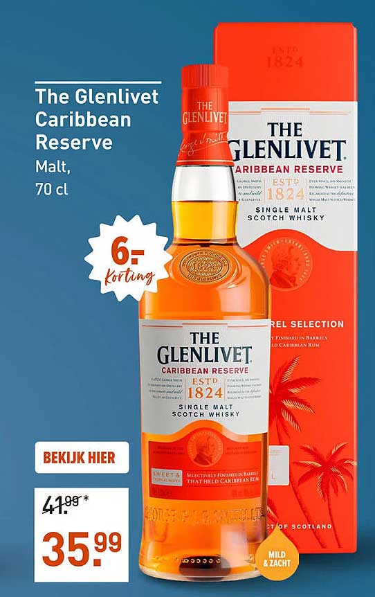 The Glenlivet Caribbean Reserve Malt, 70 cl 6,- korting