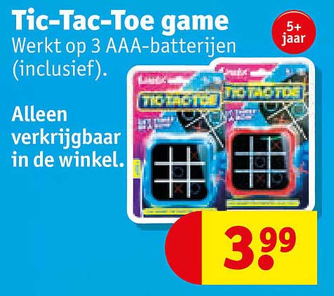 Tic-Tac-Toe game Werkt op 3 AAA-batterijen (inclusief). Alleen verkrijgbaar in de winkel.