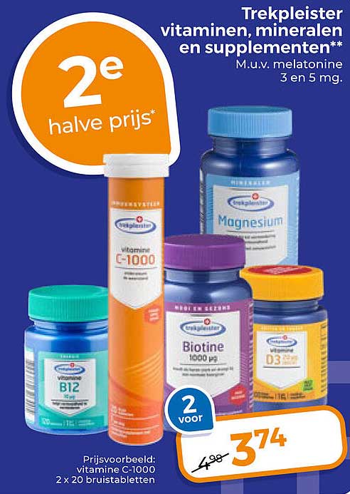 Trekpleister vitaminen, mineralen en supplementen** M.u.v. melatonine 3 en 5 mg. 2e halve prijs*