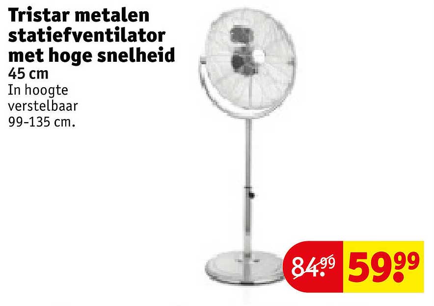 Tristar metalen statiefventilator met hoge snelheid 45 cm In hoogte verstelbaar 99-135 cm.