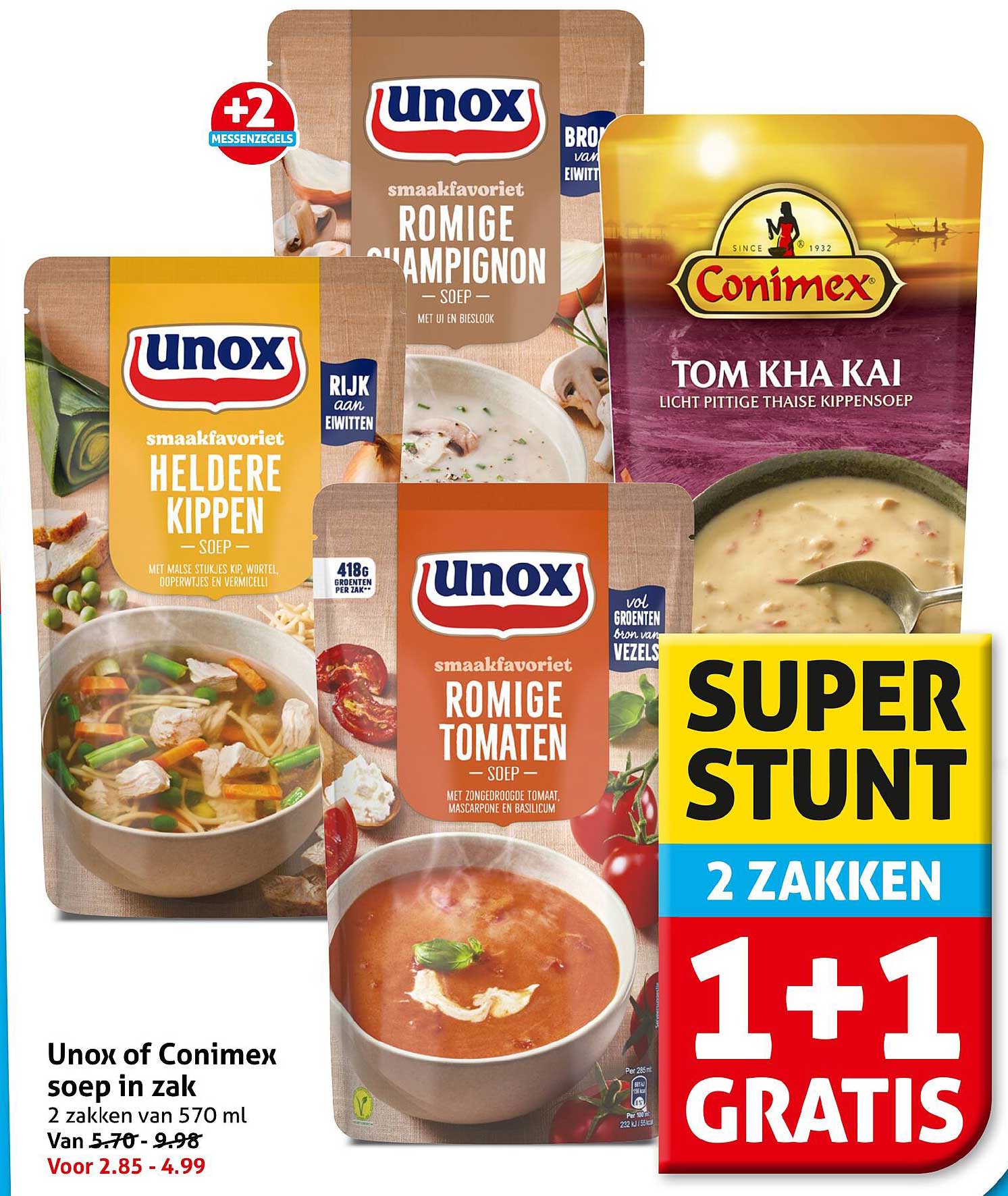Unox of Conimex soep in zak 1+1 gratis