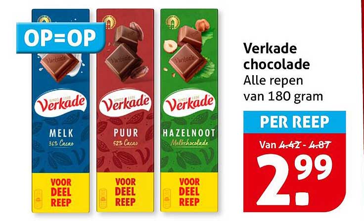 Verkade chocolade Alle repen van 180 gram PER REEP OP=OP