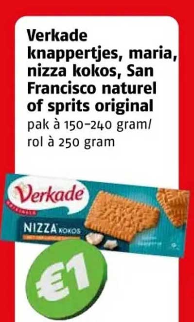 Verkade knappertjes, maria, nizza kokos, San Francisco naturel of sprits original
