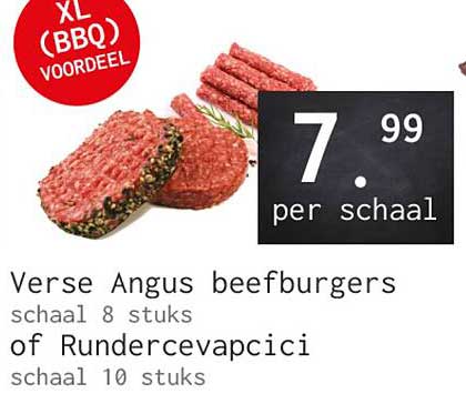 Verse Angus beefburgers schaal 8 stuks of Rundercevapcici schaal 10 stuks XL BBQ voordeel