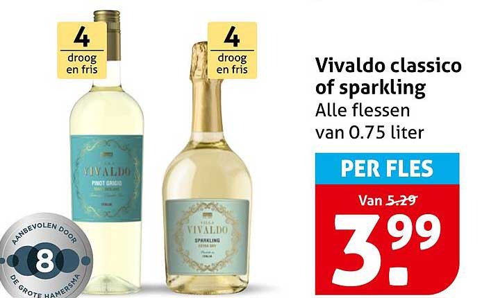 Vivaldo classico of sparkling Alle flessen van 0.75 liter PER FLES