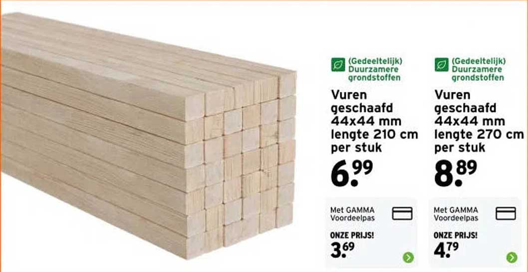 Vuren geschaafd 44x44 mm lengte 210 cm per stuk