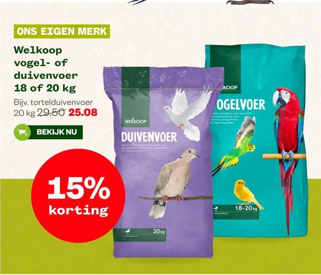 Welkoop vogel- of duivenvoer 18 of 20 kg 15% korting