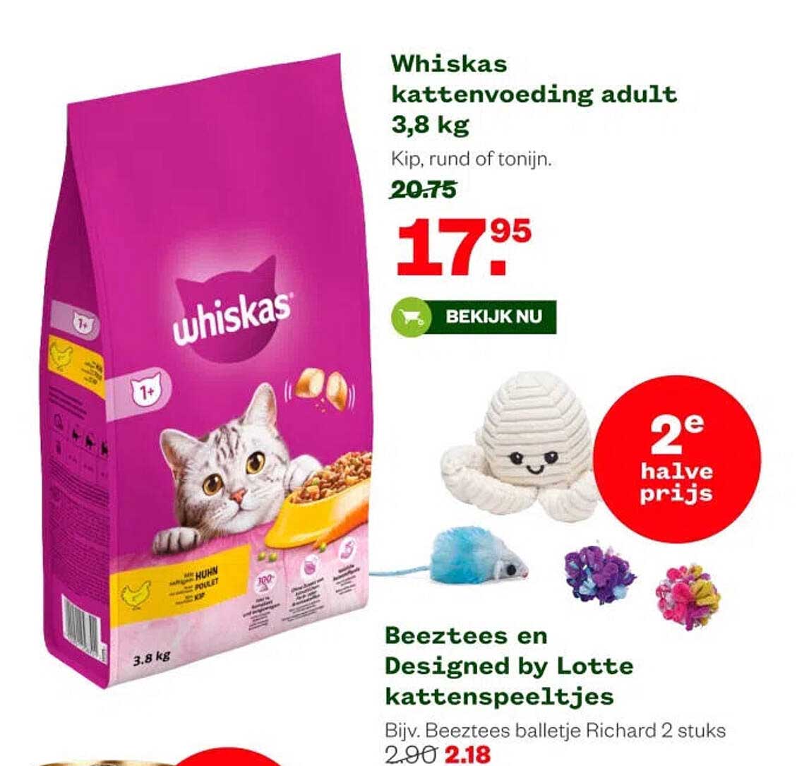 Whiskas kattenvoeding adult 3,8 kg Kip, rund of tonijn. 2e halve prijs