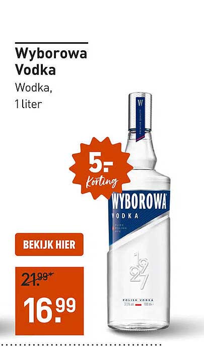 Wyborowa Vodka Wodka, 1 liter 5,- korting