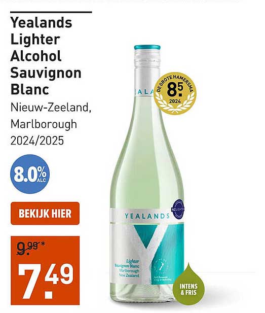 Yealands Lighter Alcohol Sauvignon Blanc Nieuw-Zeeland, Marlborough 2024/2025
