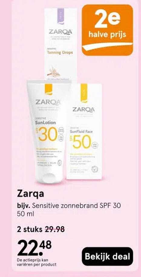 Zarqa bijv. Sensitive zonnebrand SPF 30 50 ml 2e halve prijs