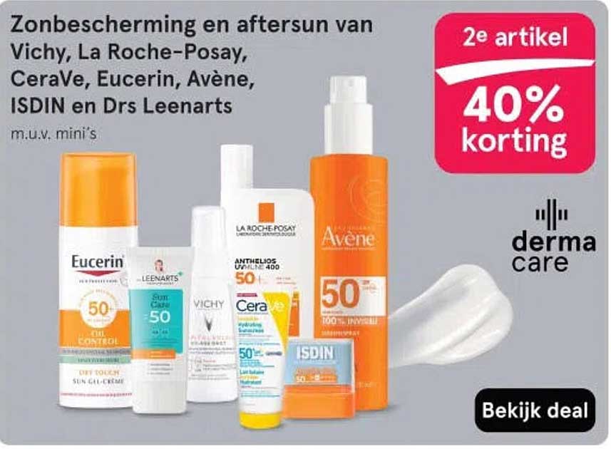Zonbescherming en aftersun van Vichy, La Roche-Posay, CeraVe, Eucerin, Avène, ISDIN en Drs Leenarts m.u.v. mini’s 2e artikel 40% korting