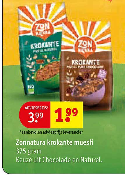 Zonnatura krokante muesli 375 gram Keuze uit Chocolade en Naturel.