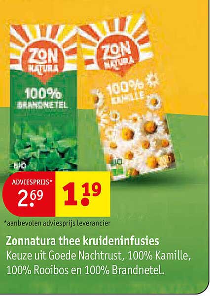 Zonnatura thee kruidininfusies Keuze uit Goede Nachtrust, 100% Kamille, 100% Rooibos en 100% Brandnetel.